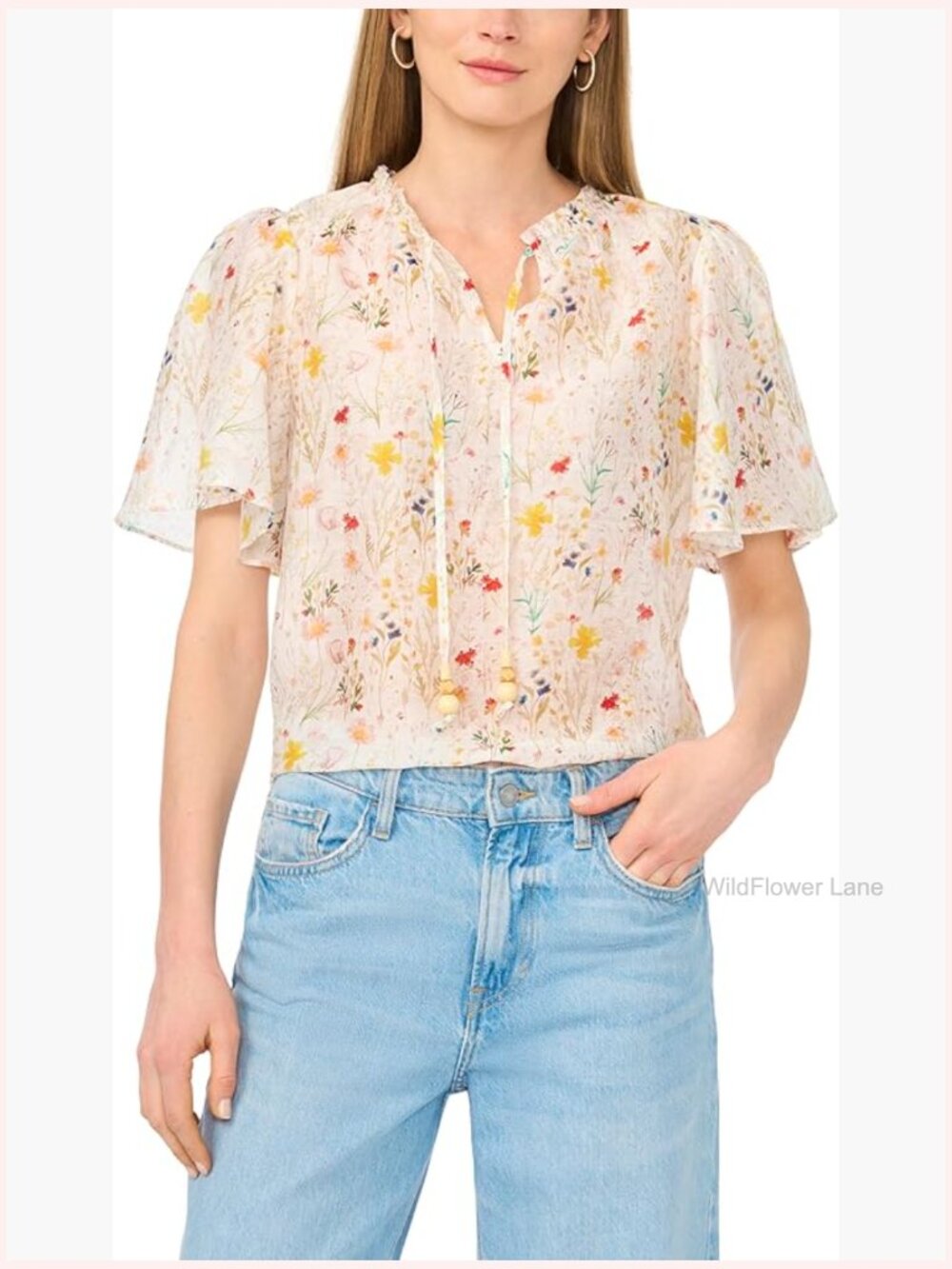 Floral Print Tie Neck 3/4 Sleeve Blouse Women's Top